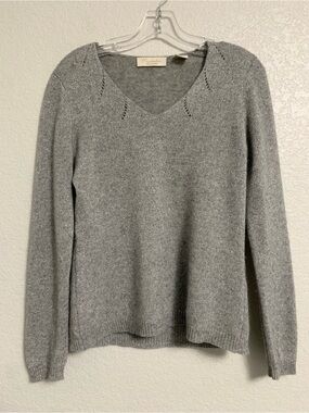Mainbocher Pure Cashmere Sweater Womens M Metallic Pointelle Trim Silver Grey Lu